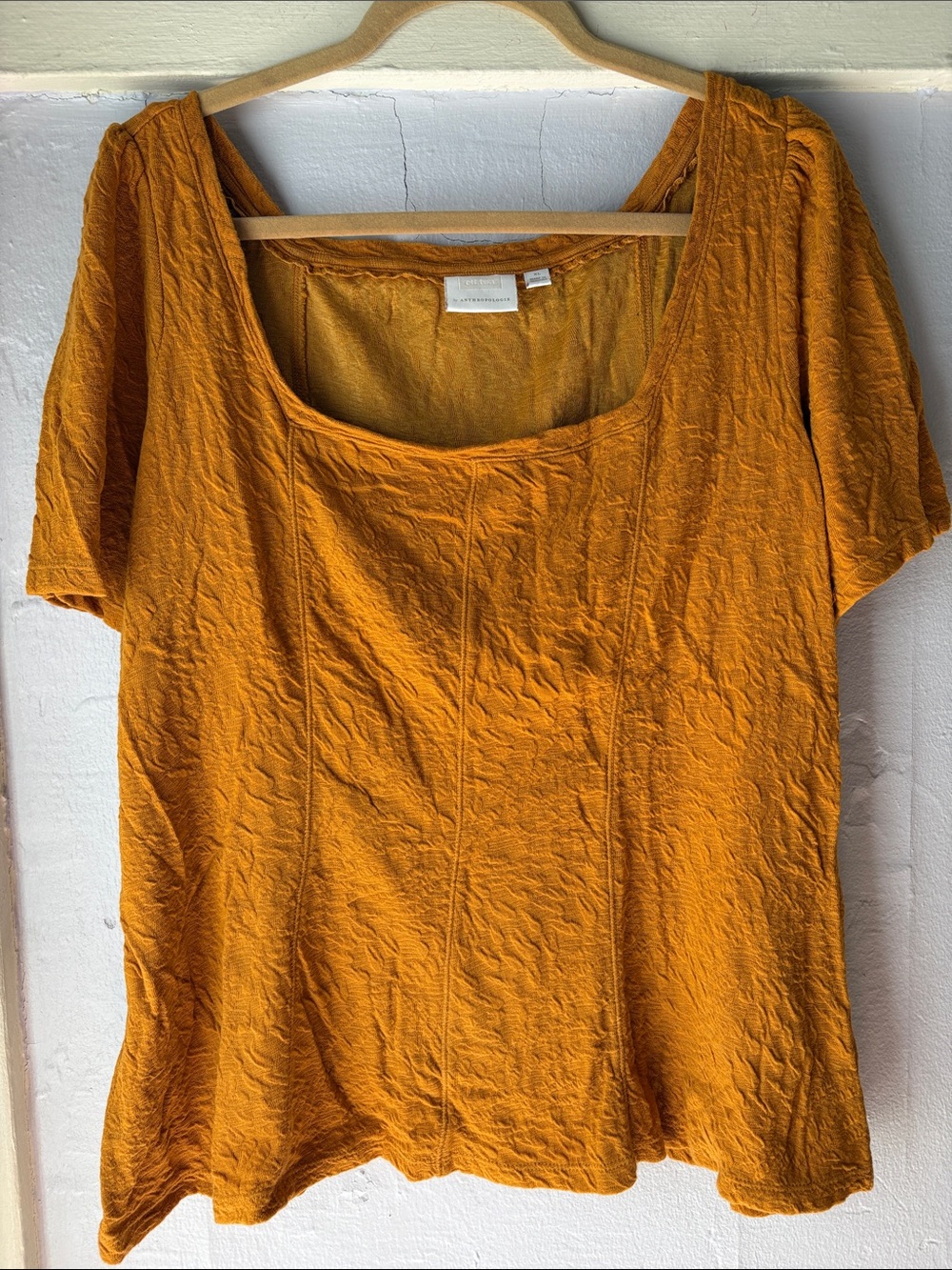 Anthropologie Mustard Short Sleeve square Neck Top